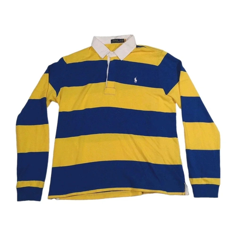 Polo Ralph Lauren Men's Long Sleeve Rugby Shirt Yellow Blue Striped Size XL